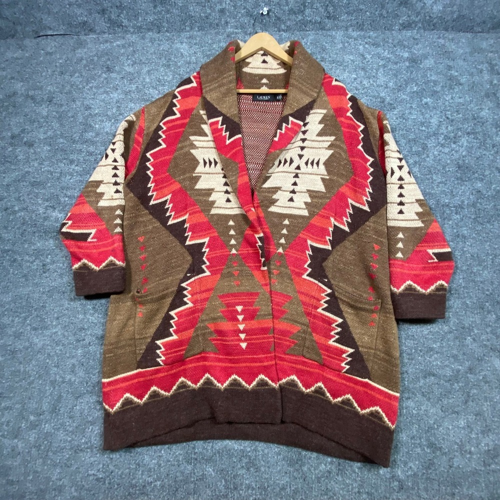 Lauren‎ Ralph Lauren Southwestern Geometric Shawl Collar Cardigan Red Brown 1X